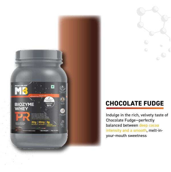 MuscleBlaze Biozyme Whey Protein PR Powder with 30g Protein, 3g Creatine Monohydrate & 50mg AstraGin (Chocolate Fudge, 1kg / 2.2lbs) | Trustified Gold Certified