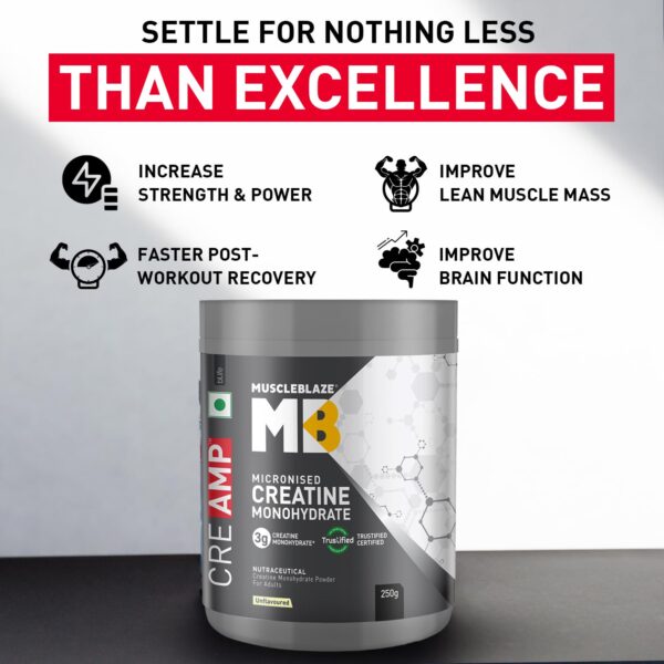 MuscleBlaze Micronised Creatine Monohydrate CreAMP Powder, Unflavoured (80 Servings, 250g) | Trustified Certified Creatine