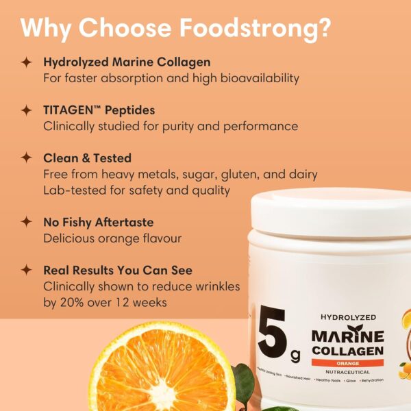 Foodstrong Hydrolyzed Marine Collagen Powder – Orange Flavour | 30 Servings | Supports Skin Hydration, Hair Nourishment & Glow | 210g