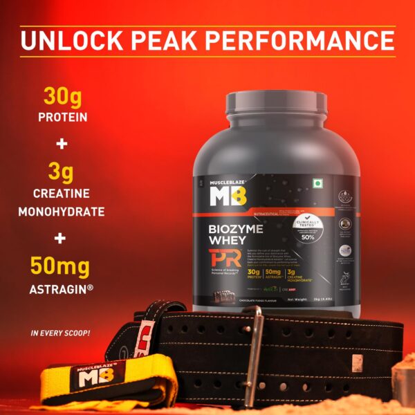 MuscleBlaze Biozyme Whey Protein PR Powder with 30g Protein, 3g Creatine Monohydrate & 50mg AstraGin (Chocolate Fudge, 2kg / 4.4lbs) | Trustified Gold Certified