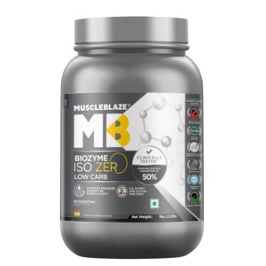 MuscleBlaze Biozyme Iso-Zero, Low Carb Whey Protein Isolate Powder, 27g Isolate Whey Per Scoop (Tropical Mango, 1kg / 2.2lbs) | USA Patent-Published Enhanced Absorption Formula (EAF)