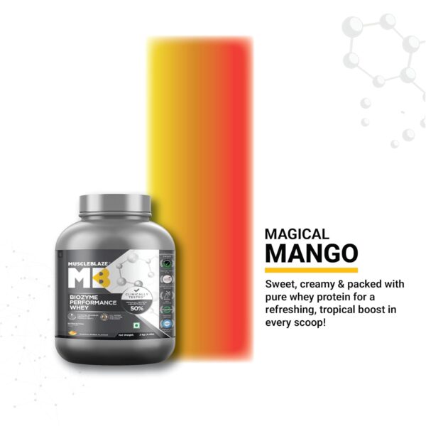 MuscleBlaze Biozyme Performance Whey Protein Powder, Magical Mango (2kg / 4.4lbs) | 25g Protein Per Scoop | Clinically Tested 50% Higher Protein Absorption