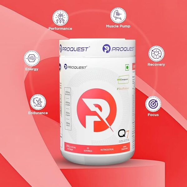 Proquest Q7 Pre-Workout (Salted Watermelon, 25 Servings 300g) | Per serve- Beta Alanine 4000 mg, L-Arginine 600 mg, Creapure® 750mg, Caffeine 200mg | Muscle Pump, Performance, Energy, Recovery, Focus & Endurance