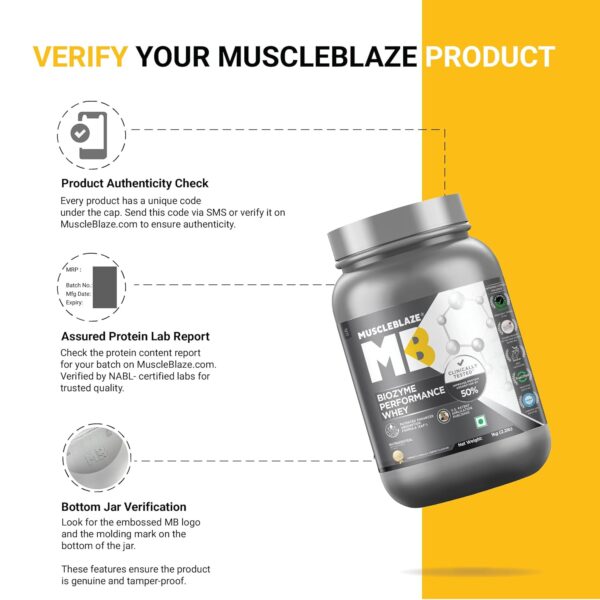 MuscleBlaze Biozyme Performance Whey Protein Powder, French Vanilla Creme (1kg / 2.2lbs) | 25g Protein Per Scoop | Clinically Tested 50% Higher Protein Absorption