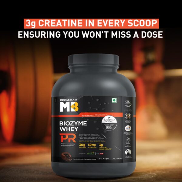 MuscleBlaze Biozyme Whey Protein PR Powder with 30g Protein, 3g Creatine Monohydrate & 50mg AstraGin (Molten Chocolate Cake, 2kg / 4.4lbs) | Trustified Gold Certified