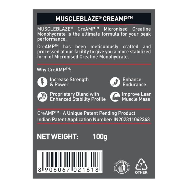 MuscleBlaze Micronised Creatine Monohydrate CreAMP Powder, Unflavoured (32 Servings, 100g) | Trustified Certified Creatine