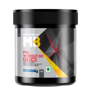 MuscleBlaze Pre Workout 200 Xtreme (Berry Bolt, 30 Servings, 100g) | 200mg Caffeine, 200mg Theanine, 2000mg Beta Alanine, 3000mg Citrulline