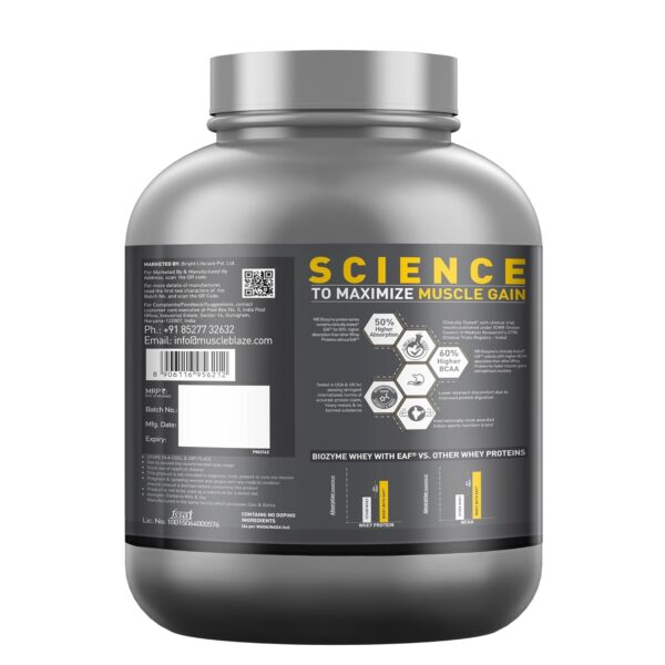 MuscleBlaze Biozyme Performance Whey Protein Powder, French Vanilla Creme (2kg / 4.4lbs) | 25g Protein Per Scoop | Clinically Tested 50% Higher Protein Absorption