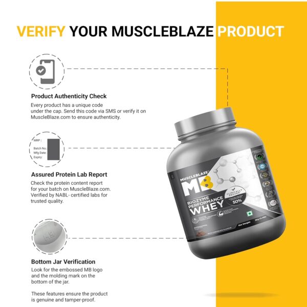 MuscleBlaze Biozyme Performance Whey Protein Powder, Rich Chocolate (2kg / 4.4lbs) | 25g Protein Per Scoop | Clinically Tested 50% Higher Protein Absorption