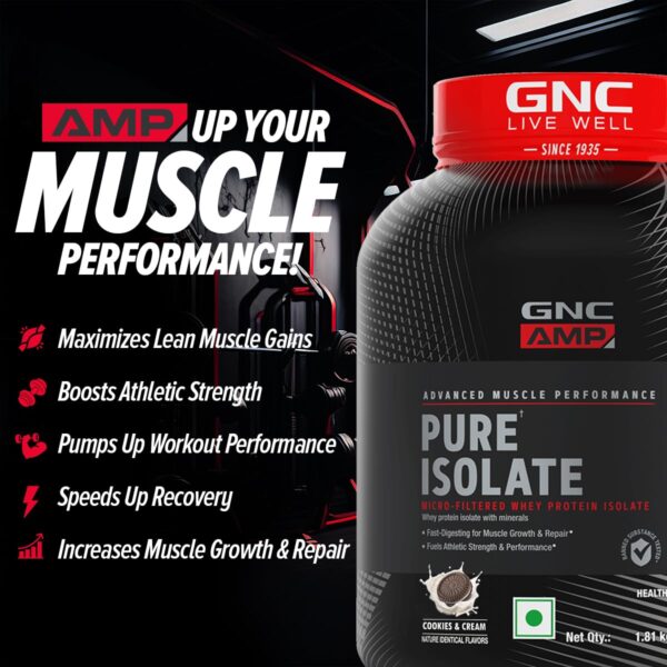 GNC AMP Pure Isolate Low Carb | Boosts Athletic Performance | Builds Lean Muscles | Speeds Up Recovery | Increases Strength | USA Formulated | 25g Protein | 6g BCAA | Cookies & Cream | 4 lbs