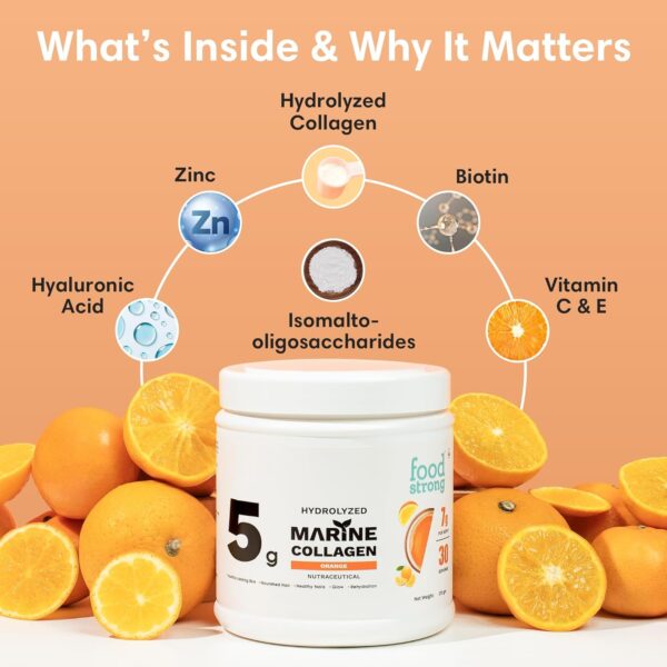 Foodstrong Hydrolyzed Marine Collagen Powder – Orange Flavour | 30 Servings | Supports Skin Hydration, Hair Nourishment & Glow | 210g