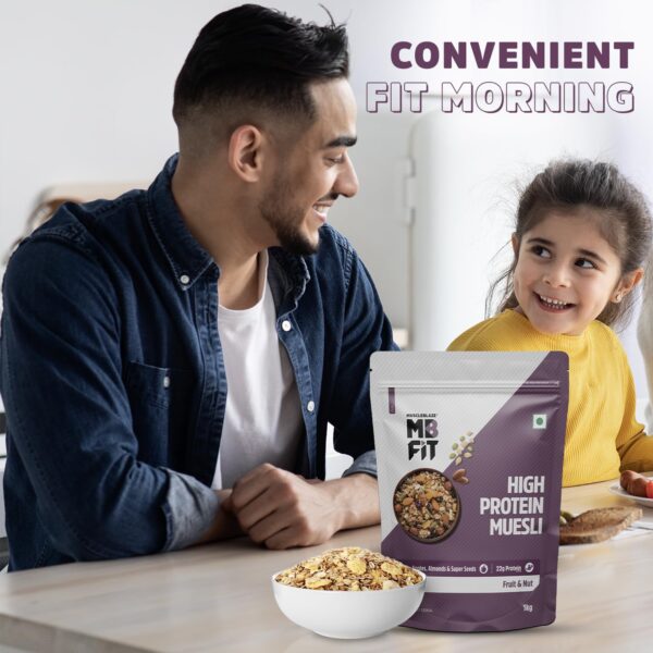 MuscleBlaze Fit High Protein Muesli (1kg, Fruits & Nut) | 22g Protein | With Apple, Almonds & Super Seeds, High Protein Breakfast Cereals