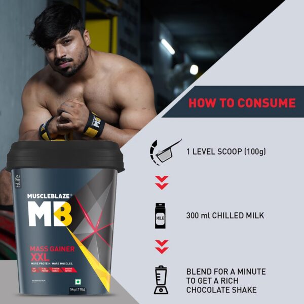 MuscleBlaze Mass Gainer XXL (Chocolate, 5kg / 11lbs, 50 Servings) | With Complex Carbs | High Protein & Digestive Enzymes
