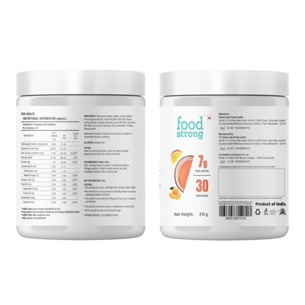 Foodstrong Hydrolyzed Marine Collagen Powder – Orange Flavour | 30 Servings | Supports Skin Hydration, Hair Nourishment & Glow | 210g