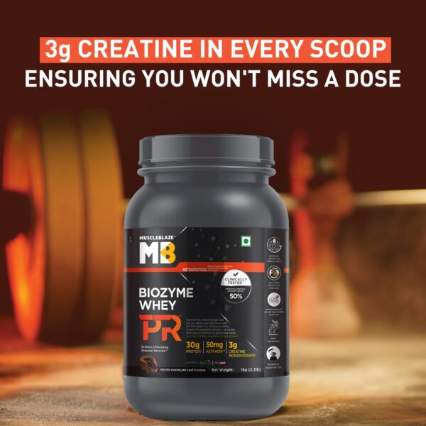 MuscleBlaze Biozyme Whey Protein PR Powder with 30g Protein, 3g Creatine Monohydrate & 50mg AstraGin (Molten Chocolate Cake, 1kg / 2.2lbs) | Trustified Gold Certified