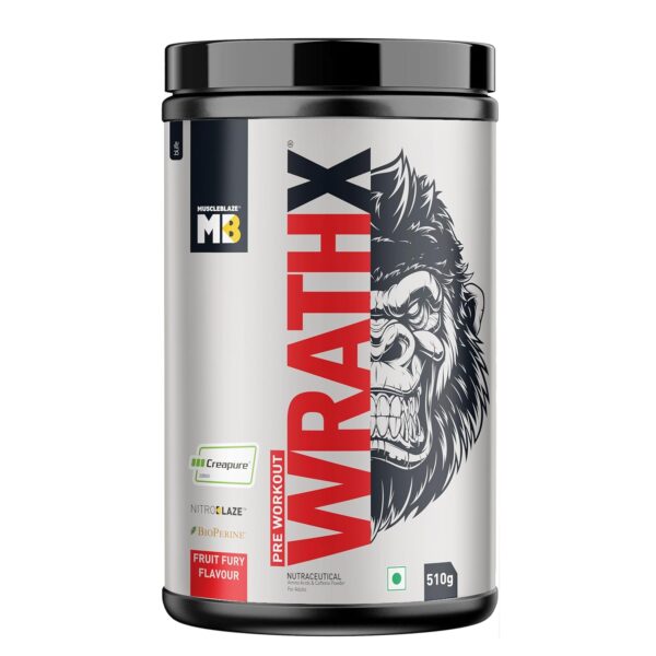 MuscleBlaze Pre Workout WrathX with Creapure, Nitroblaze & BioPerine (Fruit Fury, 510g, 30 Servings)