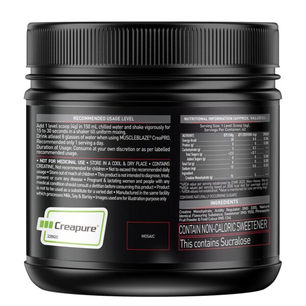MuscleBlaze CreaPRO Creatine Monohydrate Powder with Creapure, Fruit Punch (62 Servings, 250g)