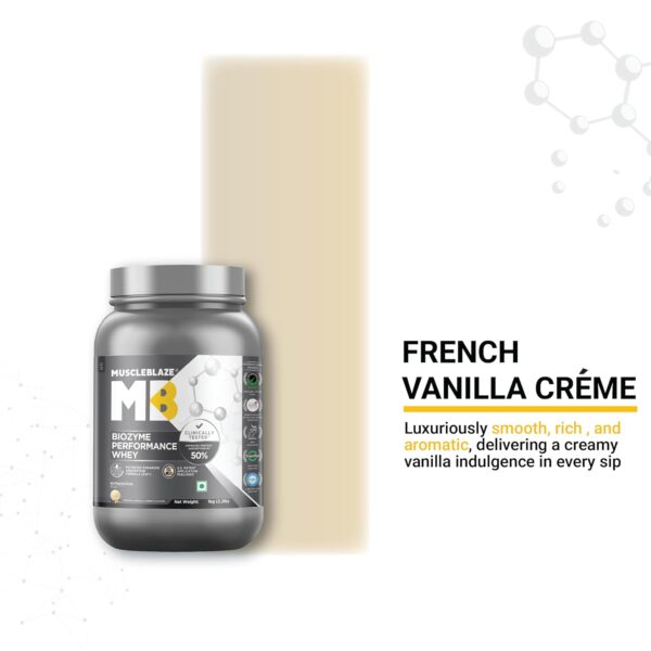 MuscleBlaze Biozyme Performance Whey Protein Powder, French Vanilla Creme (1kg / 2.2lbs) | 25g Protein Per Scoop | Clinically Tested 50% Higher Protein Absorption