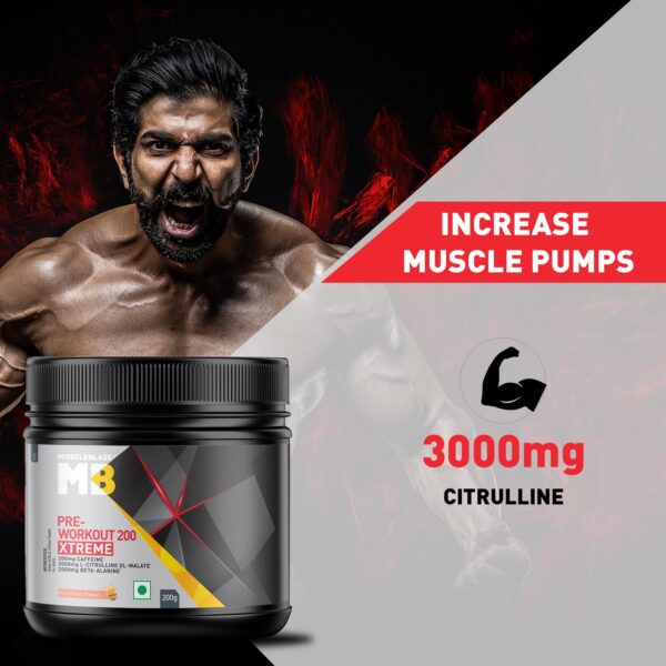MuscleBlaze Pre Workout 200 Xtreme (Tangy Orange, 15 Servings, 100g) | 200mg Caffeine, 200mg Theanine, 2000mg Beta Alanine, 3000mg Citrulline