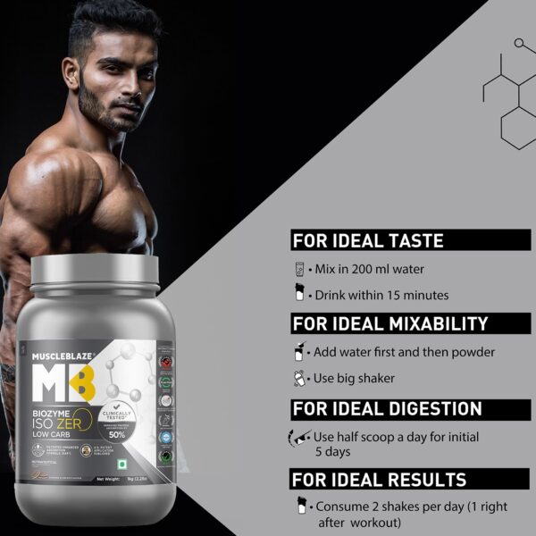 MuscleBlaze Biozyme Iso-Zero, Low Carb Whey Protein Isolate Powder, 27g Isolate Whey Per Scoop (Cookies & Cream, 1kg / 2.2lbs) | USA Patent-Published Enhanced Absorption Formula (EAF)