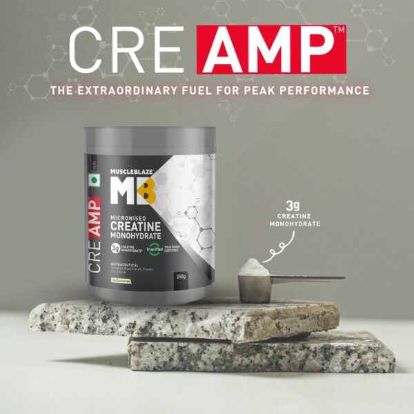 MuscleBlaze Micronised Creatine Monohydrate CreAMP Powder, Unflavoured (80 Servings, 250g) | Trustified Certified Creatine