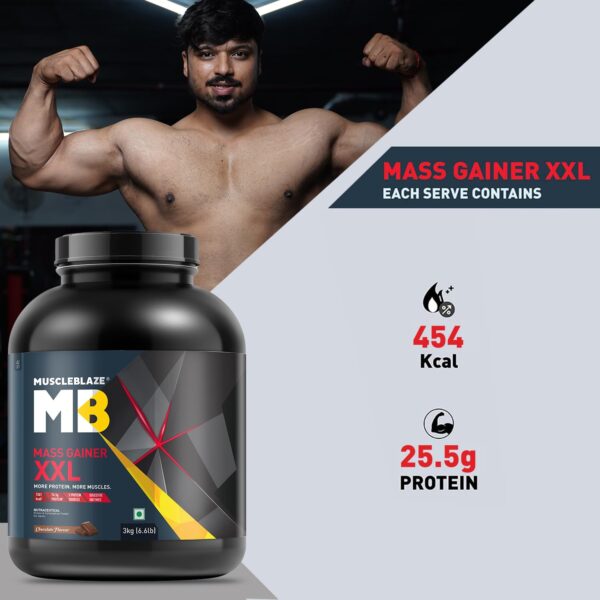 MuscleBlaze Mass Gainer XXL (Chocolate, 2kg / 4.4lbs, 20 Servings) | With Complex Carbs, High Protein & Digestive Enzymes