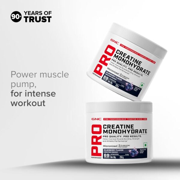 GNC Pro Performance Creatine Monohydrate - 3000mg Creatine Per Scoop | Micronized for Faster Absorption | Boosts Energy, Muscle Volume & Performance | Gluten-Free | Blueberry | 250gm