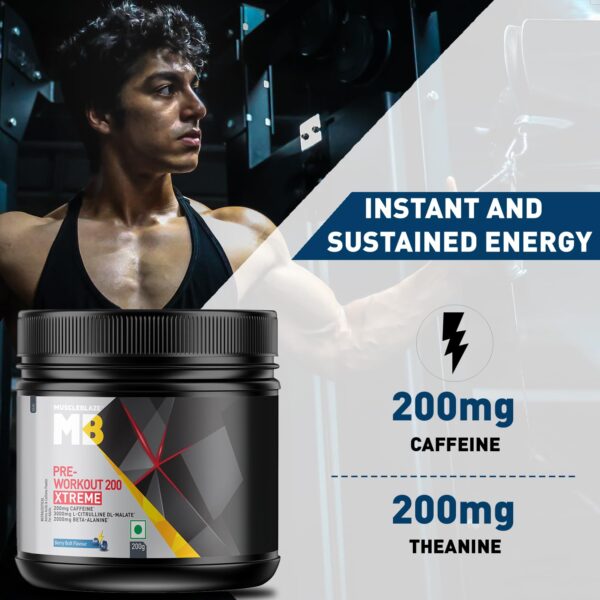 MuscleBlaze Pre Workout 200 Xtreme (Berry Bolt, 60 Servings, 200g) | 200mg Caffeine, 200mg Theanine, 2000mg Beta Alanine, 3000mg Citrulline