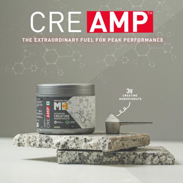 MuscleBlaze Micronised Creatine Monohydrate CreAMP Powder, Unflavoured (32 Servings, 100g) | Trustified Certified Creatine