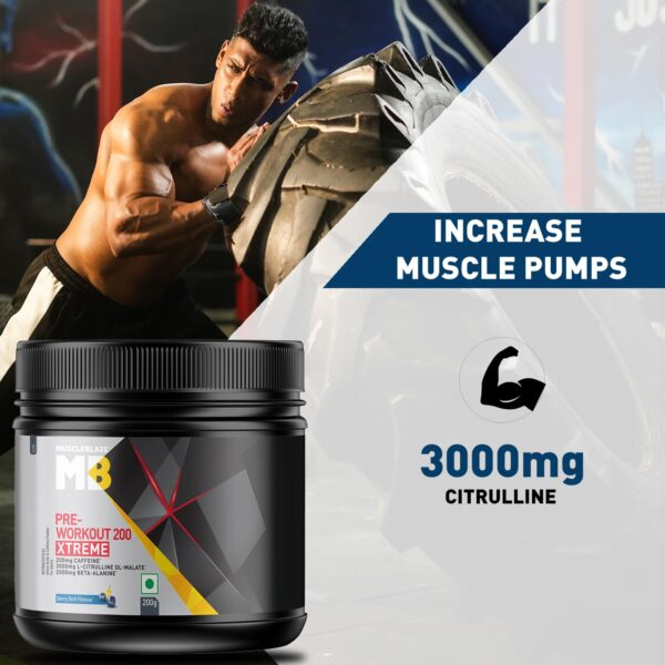 MuscleBlaze Pre Workout 200 Xtreme (Berry Bolt, 60 Servings, 200g) | 200mg Caffeine, 200mg Theanine, 2000mg Beta Alanine, 3000mg Citrulline
