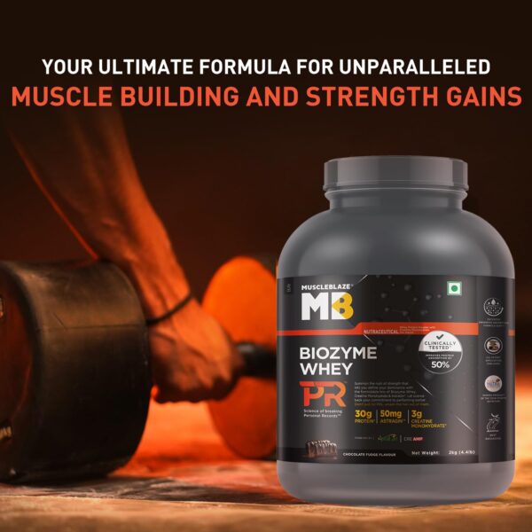 MuscleBlaze Biozyme Whey Protein PR Powder with 30g Protein, 3g Creatine Monohydrate & 50mg AstraGin (Chocolate Fudge, 2kg / 4.4lbs) | Trustified Gold Certified