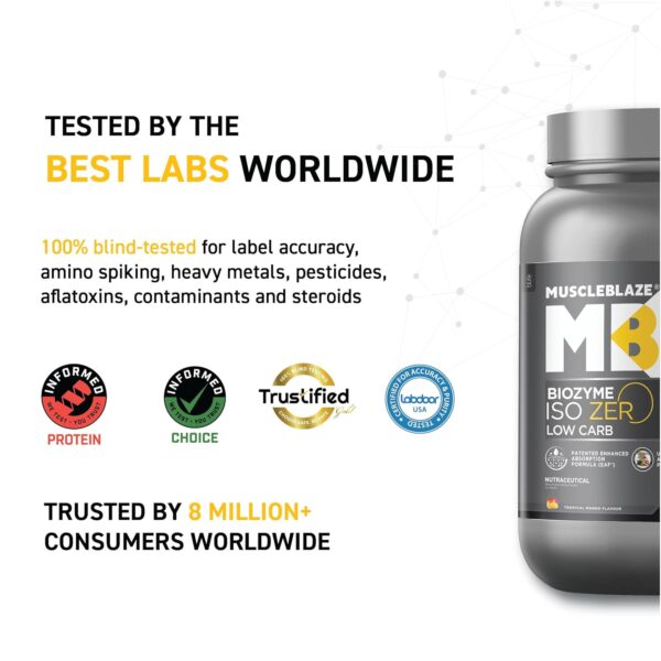 MuscleBlaze Biozyme Iso-Zero, Low Carb Whey Protein Isolate Powder, 27g Isolate Whey Per Scoop (Tropical Mango, 1kg / 2.2lbs) | USA Patent-Published Enhanced Absorption Formula (EAF)