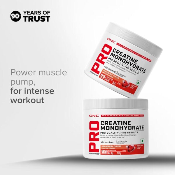 GNC Pro Performance Creatine Monohydrate - 3000mg Creatine Per Scoop | Micronized for Faster Absorption | Boosts Energy, Muscle Volume & Performance | Gluten-Free | Cranberry | 250gm