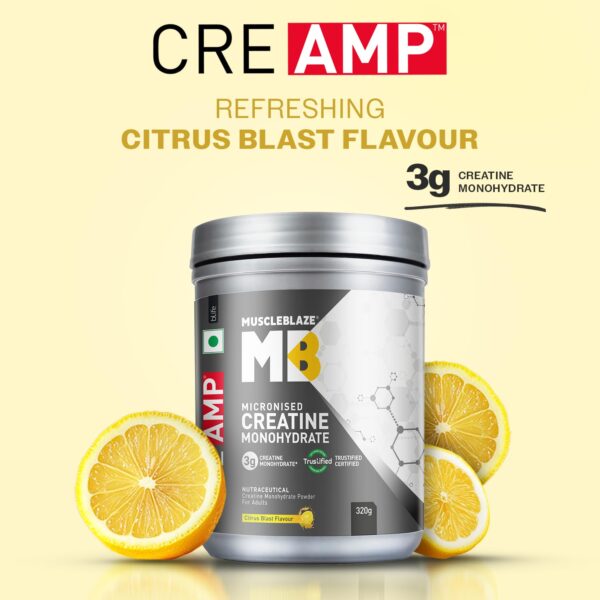 MuscleBlaze Micronised Creatine Monohydrate CreAMP Powder, Citrus Blast (80 Servings, 320g) | Trustified Certified Creatine