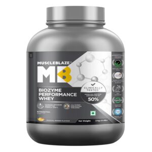 MuscleBlaze Biozyme Performance Whey Protein Powder, Magical Mango (2kg / 4.4lbs) | 25g Protein Per Scoop | Clinically Tested 50% Higher Protein Absorption
