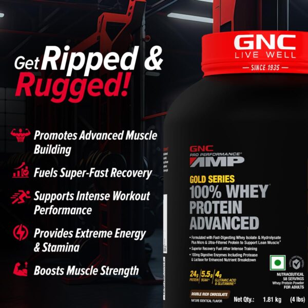 GNC AMP Gold Series Whey Protein Advanced | 4 lbs | Lean Muscle Gains | Intense Workout | Informed Choice Certified | 24g Protein | 5.5g BCAA | 4g Glutamine | Double Rich Chocolate| Formulated In USA