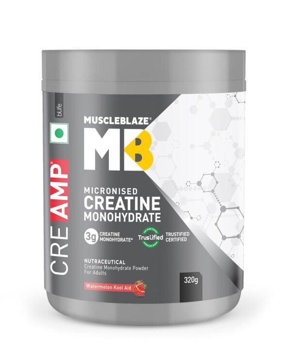 MuscleBlaze Micronised Creatine Monohydrate CreAMP Powder, Watermelon Kool Aid (80 Servings, 320g) |Trustified Certified Creatine