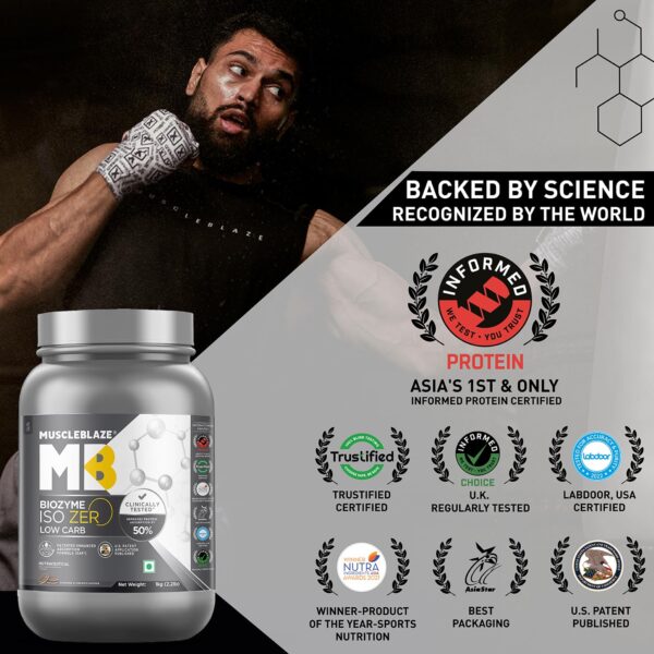 MuscleBlaze Biozyme Iso-Zero, Low Carb Whey Protein Isolate Powder, 27g Isolate Whey Per Scoop (Cookies & Cream, 1kg / 2.2lbs) | USA Patent-Published Enhanced Absorption Formula (EAF)