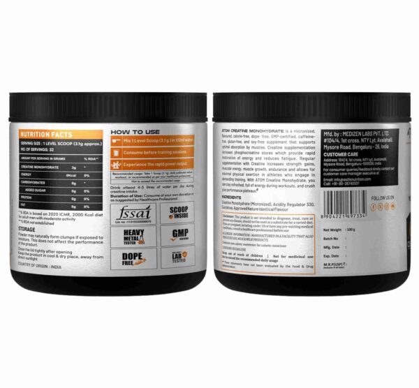 Asitis Nutrition ATOM Creatine Monohydrate (100 grams Powder, 32 Servings, Kiwi Fusion Flavour) | Dope Free | Enhances Performance | Promotes Muscle Gains