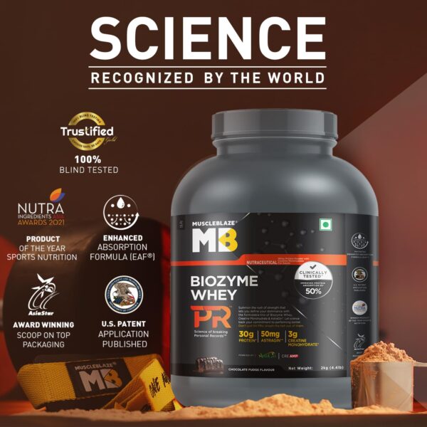 MuscleBlaze Biozyme Whey Protein PR Powder with 30g Protein, 3g Creatine Monohydrate & 50mg AstraGin (Chocolate Fudge, 2kg / 4.4lbs) | Trustified Gold Certified