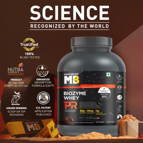 MuscleBlaze Biozyme Whey Protein PR Powder with 30g Protein, 3g Creatine Monohydrate & 50mg AstraGin (Molten Chocolate Cake, 2kg / 4.4lbs) | Trustified Gold Certified