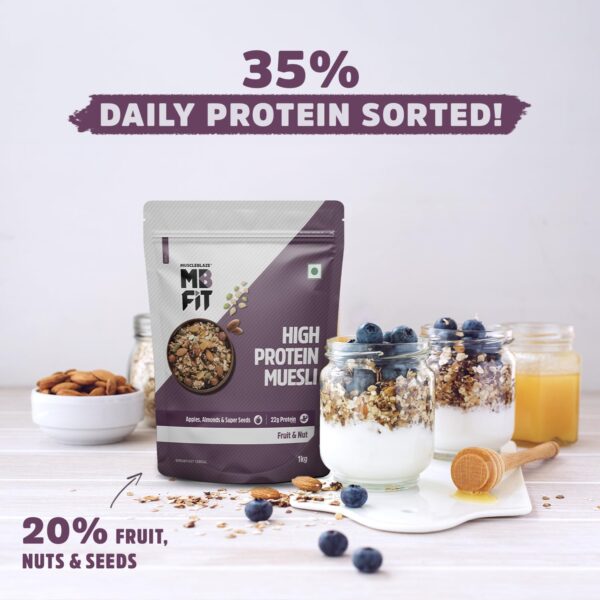 MuscleBlaze Fit High Protein Muesli (1kg, Fruits & Nut) | 22g Protein | With Apple, Almonds & Super Seeds, High Protein Breakfast Cereals
