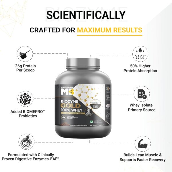 MuscleBlaze Biozyme Gold 100% Whey Protein (Double Rich Chocolate, 2kg / 4.4 lb) | Whey Isolate as Primary Protein Source