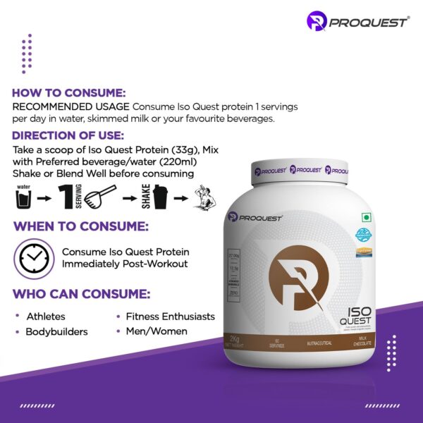 ProQuest Isolate Whey Protein Iso Quest (Milk Chocolate, 2KG / 4.4 lb / 60 Servings) | 27g Protein Per Scoop | Low Fat & 12.5g EAA | Lab Tested & Easily Digestive | Faster Muscle Support & Recovery
