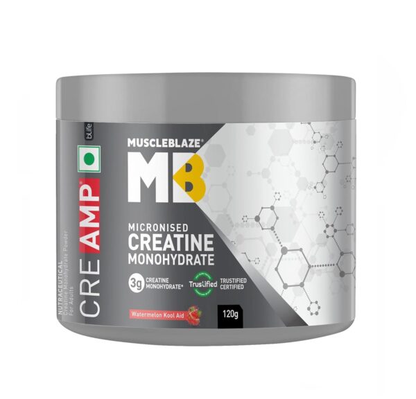 MuscleBlaze Micronised Creatine Monohydrate CreAMP Powder, Watermelon Kool Aid (30 Servings, 120g) | Trustified Certified Creatine