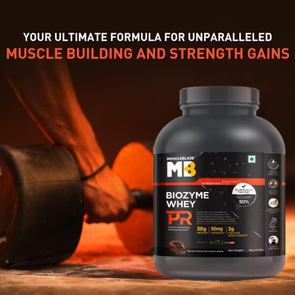 MuscleBlaze Biozyme Whey Protein PR Powder with 30g Protein, 3g Creatine Monohydrate & 50mg AstraGin (Molten Chocolate Cake, 2kg / 4.4lbs) | Trustified Gold Certified