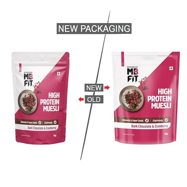 MuscleBlaze Fit High Protein Muesli (1kg, Dark Chocolate & Cranberry) | 22g Protein | With Raisins, Almonds & Super Seeds,High Protein Breakfast Cereals