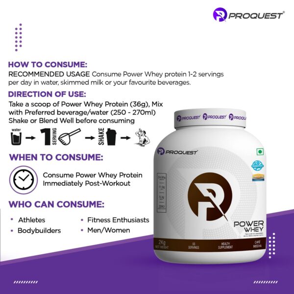 ProQuest Whey Protein (Café Mocha, 2 KG / 4.4 lb / 55 Servings) | 24g Protein Per Scoop | 5.3g BCAA & 11.9g EAA |Lab Tested, Added Probiotics & Digezyme® for Fast & Easy Digestion