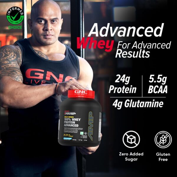 GNC AMP Gold Series Whey Protein Advanced | 2 lbs | Lean Muscle Gains | Intense Workout | Informed Choice Certified | 24g Protein | 5.5g BCAA | 4g Glutamine | Vanilla Ice Cream| Formulated In USA