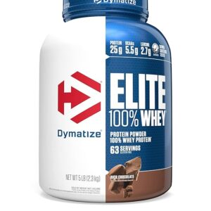 Dymatize Nutrition Elite 100% Whey Protein | Whey Protein Powder | Muscle Recovery | 25g Protein, 5.5g BCAA | Fast-Absorbing Protein | Gluten-Free | Blend with BCAAs & Glutamine | Rich Chocolate | 5 Lbs
